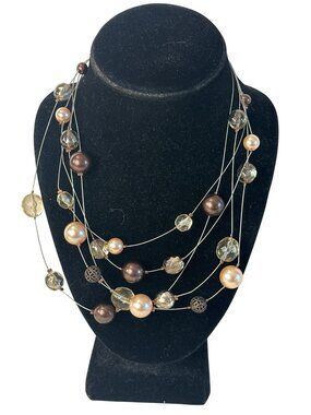 Multistrand Necklace Brown Faux Pearl & Clear Beads Wire Floating Boho Elegant